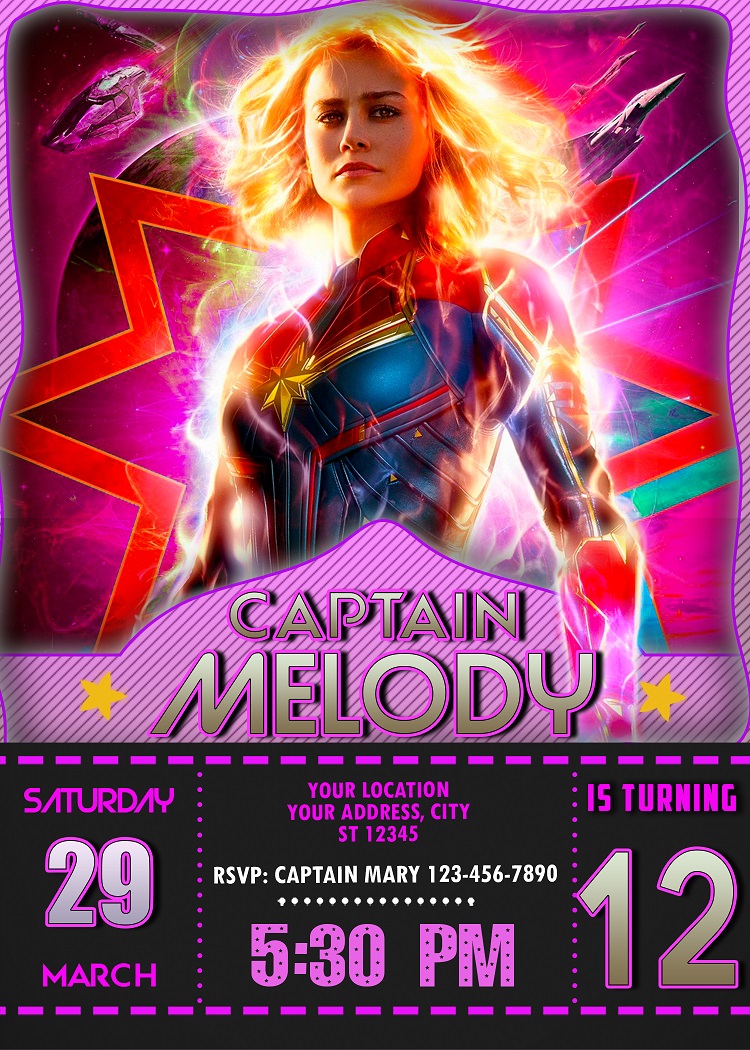 Captain Marvel Birthday Party Invitation 2 | Stunning Invite