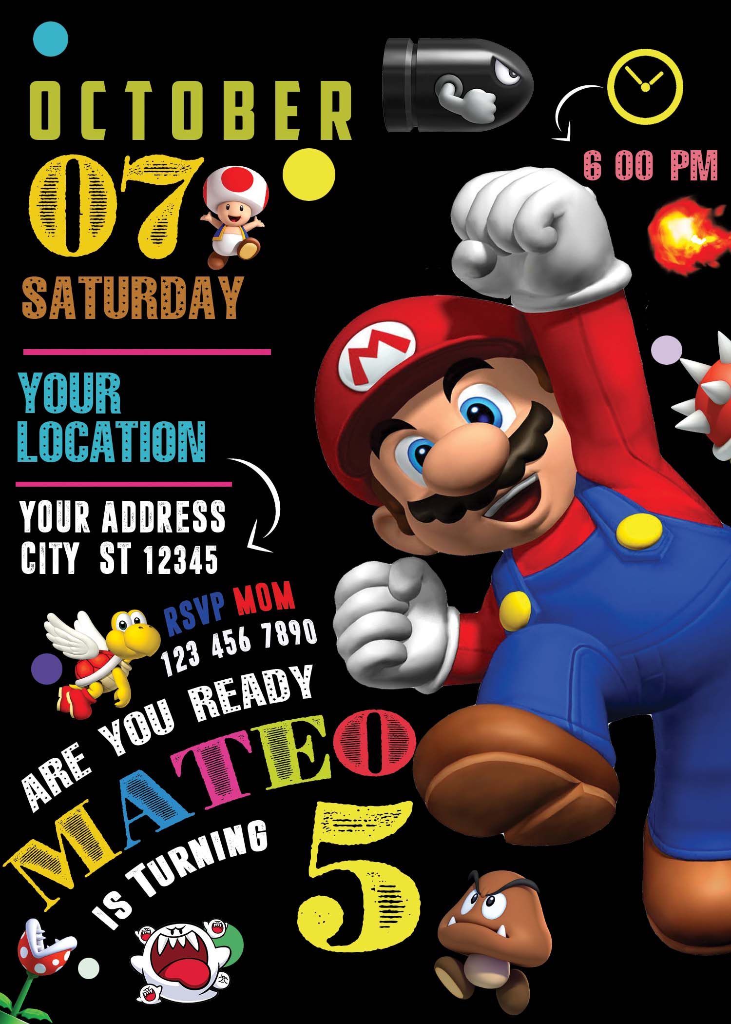 Super Mario Invitation. Mario Birthday Invitation. Mario Party
