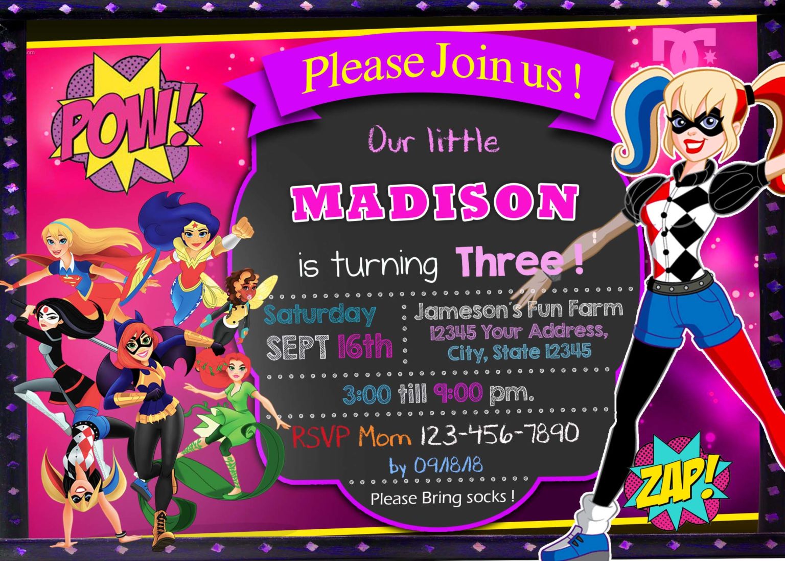 Harley Quinn Birthday Party Invitation 2 | Magical Invite