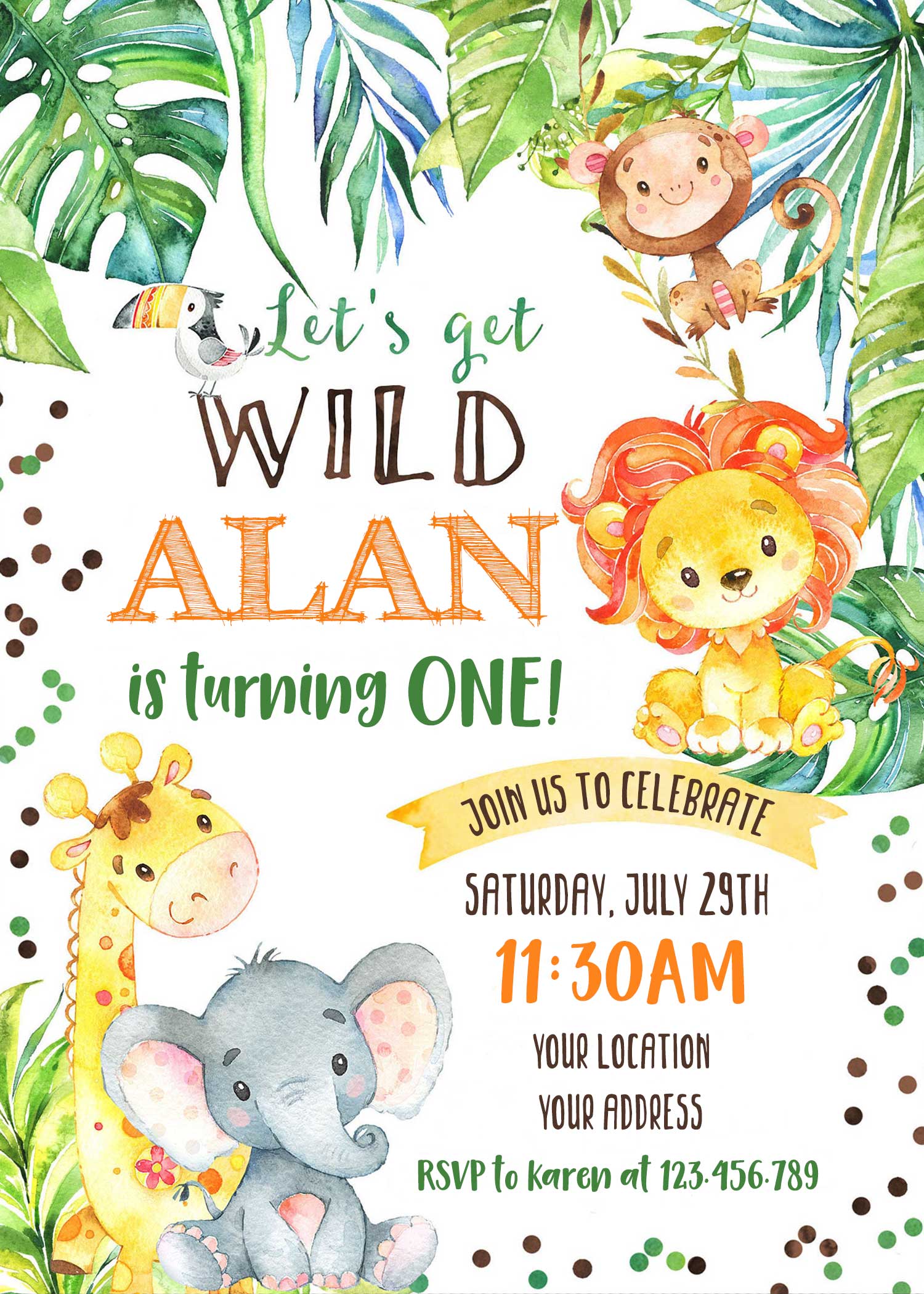 Jungle Animal Safari Birthday Invitation | Wild One Invite