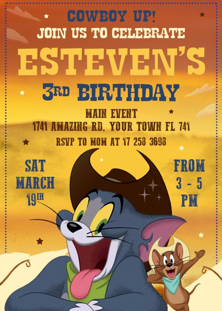 Tom and Jerry Cowboy Up Birthday Invitation | Digital Invite