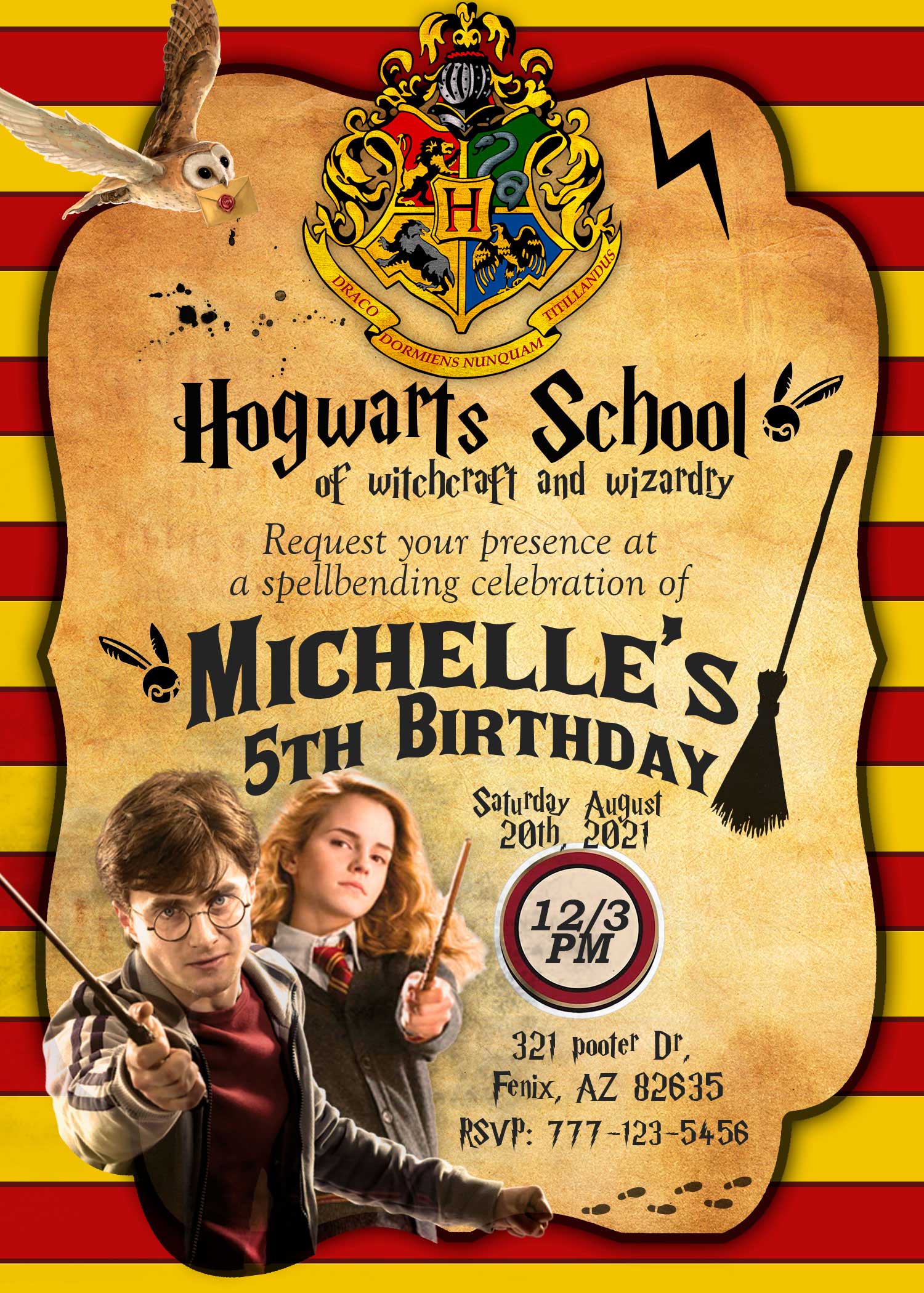 Harry Potter themed birthday invite for Miss Kittys 11th birthday