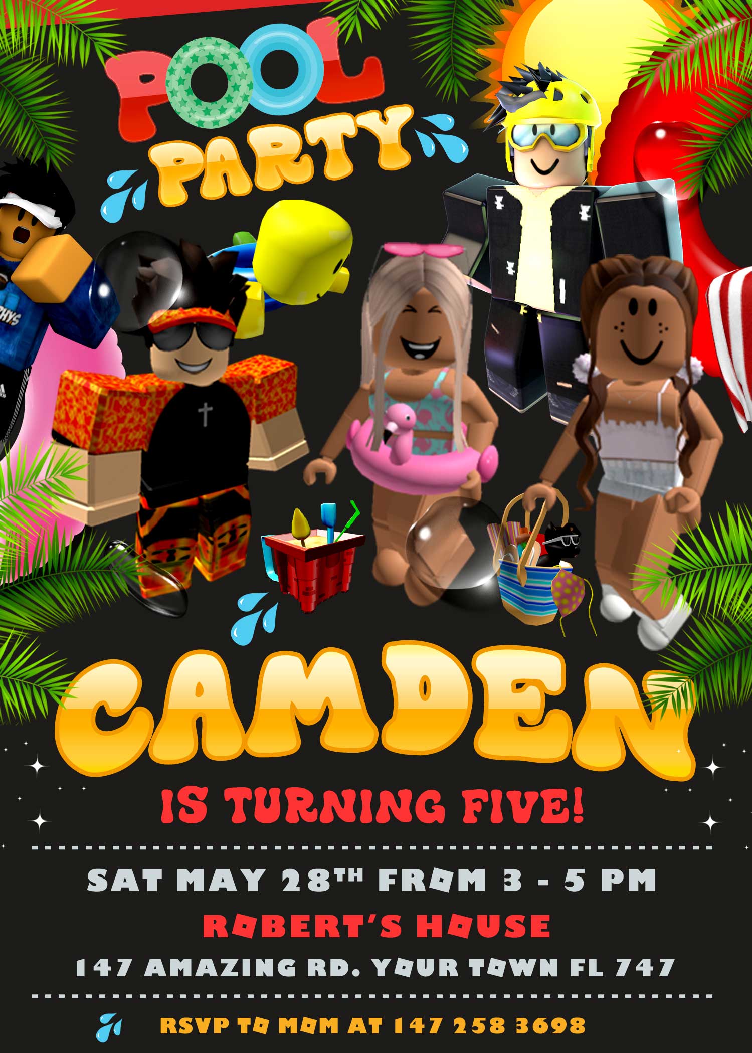 Roblox cartoon invitation birthday party Template