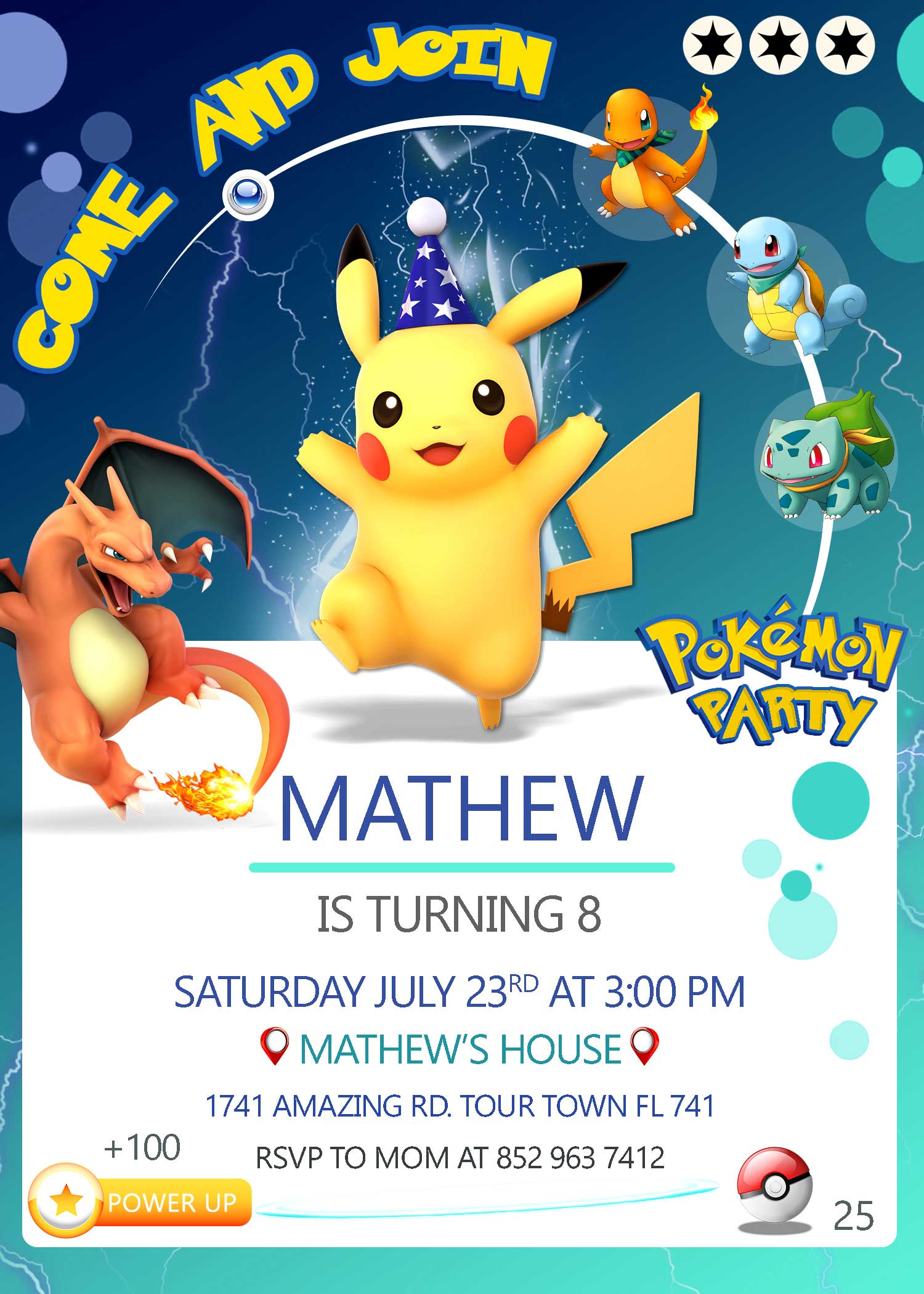 Invitations de fête Pokémon mettant en vedette Pikachu, paq. 8