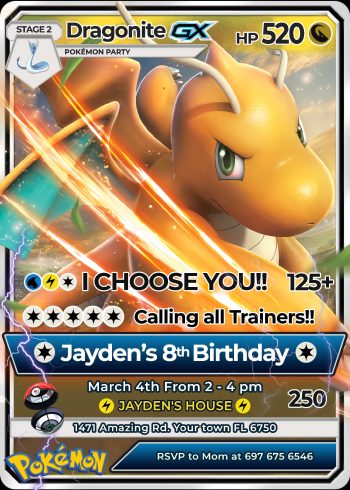 Pokemon Dragonite Birthday Invitation