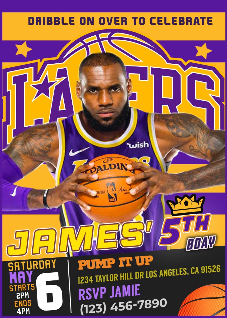 Lakers Lebron James Birthday Invitation FREE Backside 24H Ready