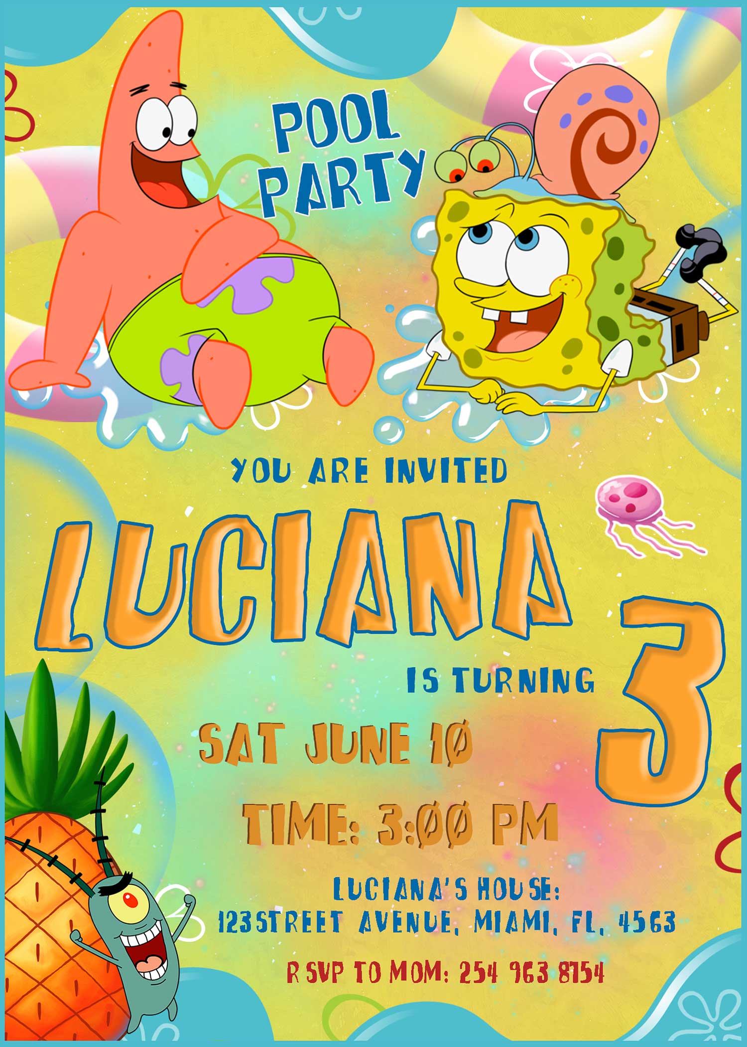 Spongebob Pool Party Invitation | FREE Backside | 24H Ready