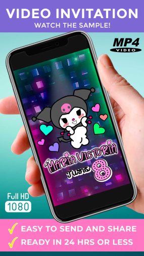 Animated Kuromi birthday video invitation showing Kuromi and My Melody dancing at the disco
