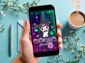 Animated Kuromi birthday video invitation showing Kuromi and My Melody dancing at the disco