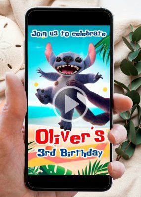 Animated Lilo and Stitch 2025 birthday video invitation showing Stitch dancing on a Hawaiian beach.