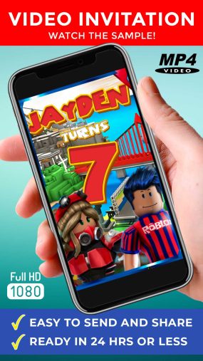 Animated Roblox birthday video invitation showing popular avatars in a colorful game world.