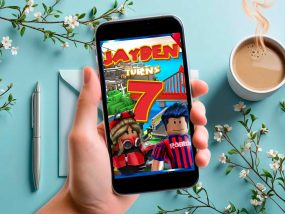 Animated Roblox birthday video invitation showing popular avatars in a colorful game world.