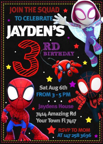 Personalized Spidey and His Amazing Friends birthday party invitation featuring Spider-Man, Ghost-Spider, and Spin on a black background for a kid's party.