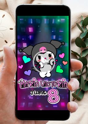 Animated Kuromi birthday video invitation showing Kuromi and My Melody dancing at the disco