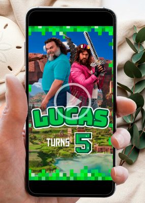 Personalized Minecraft Movie birthday video invitation featuring Steve, Garrett, and a Creeper in an Overworld scene