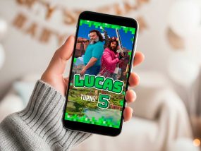 Personalized Minecraft Movie birthday video invitation featuring Steve, Garrett, and a Creeper in an Overworld scene
