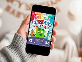 Personalized Numberblocks birthday invitation featuring various number block characters against a blue sky with colorful elements and stars for a toddler's party.