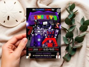 Personalized Skibidi Toilet birthday invitation featuring Cameramen and Skibidi Toilet characters on a black background with purple and red design elements.