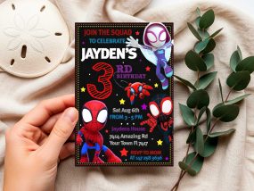 Personalized Spidey and His Amazing Friends birthday party invitation featuring Spider-Man, Ghost-Spider, and Spin on a black background for a kid's party.