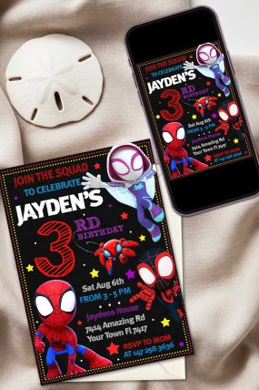 Personalized Spidey and His Amazing Friends birthday party invitation featuring Spider-Man, Ghost-Spider, and Spin on a black background for a kid's party.