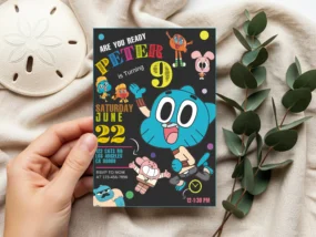 The Amazing World of Gumball Birthday Invitation template editable in Canva