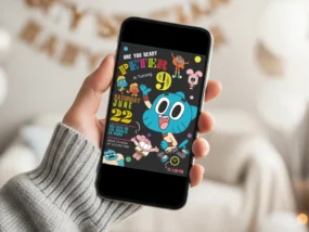 The Amazing World of Gumball Birthday Invitation template editable in Canva