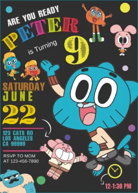 The Amazing World of Gumball Birthday Invitation template editable in Canva