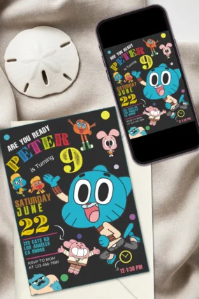The Amazing World of Gumball Birthday Invitation template editable in Canva