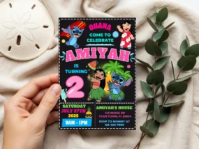 Lilo and Stitch Birthday Invitation template editable in Canva