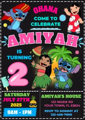 Lilo and Stitch Birthday Invitation template editable in Canva