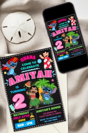 Lilo and Stitch Birthday Invitation template editable in Canva
