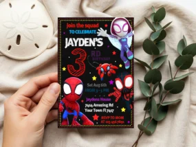 Spidey and his Amazing Friends Birthday Invitation template editable in Canva