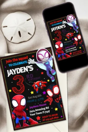 Spidey and his Amazing Friends Birthday Invitation template editable in Canva