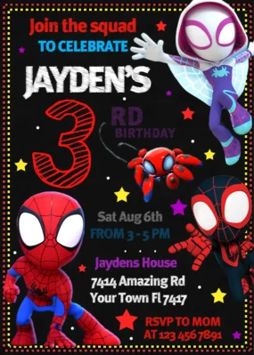 Spidey and his Amazing Friends Birthday Invitation template editable in Canva