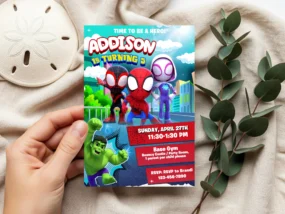 Spidey and his Amazing Friends Birthday Invite template editable in Canva
