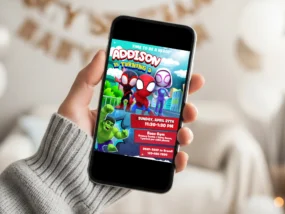 Spidey and his Amazing Friends Birthday Invite template editable in Canva