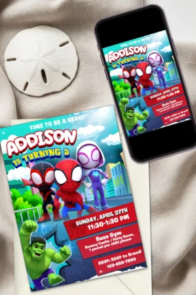 Spidey and his Amazing Friends Birthday Invite template editable in Canva