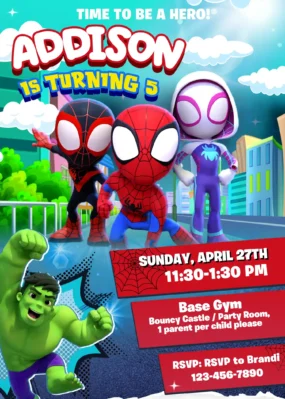 Spidey and his Amazing Friends Birthday Invite template editable in Canva
