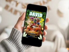 Paw Patrol The Dino Movie Birthday Invitation Template editable in Canva for mobile sharing