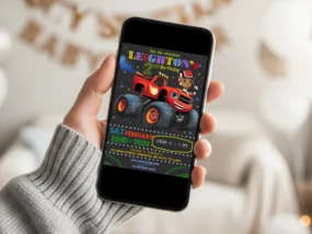 Blaze and The Monster Machines Birthday Invitation Template editable in Canva for mobile sharing