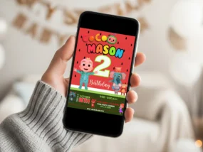 Cocomelon Birthday Invitation Template editable in Canva for mobile sharing