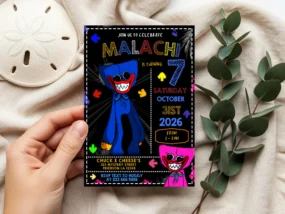 Huggy Wuggy Birthday Invitation Template printable editable in Canva