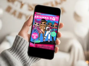 LOL Surprise OMG Birthday Invitation Template editable in Canva for mobile sharing