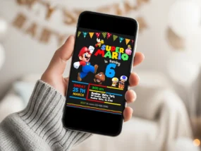 Mario Bros Birthday Invitation Template editable in Canva for mobile sharing